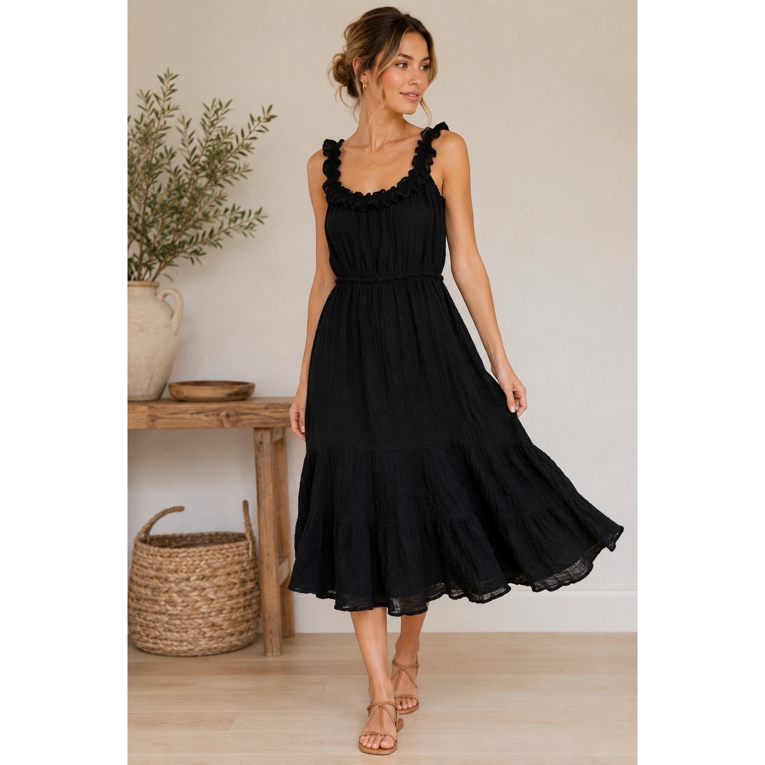 Max Studio Black Gauze Cotton Blend Ruffle Strap Midi Dress Size Medium